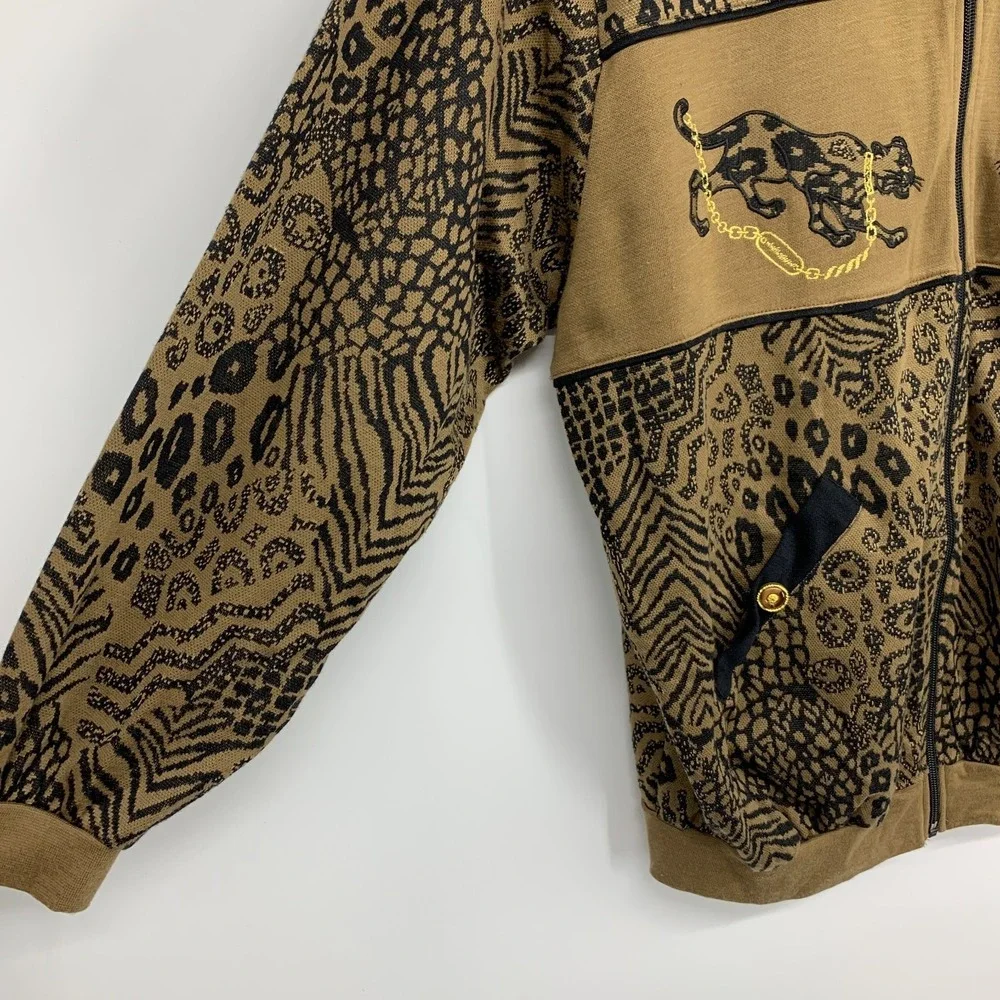 Rafael Jacket Womens XL Animal Print Zip Front Safari Gold Chain Vintage Bomber_6